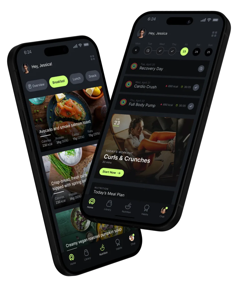 The Avida app on two phones, showing today's workout and a day of meals