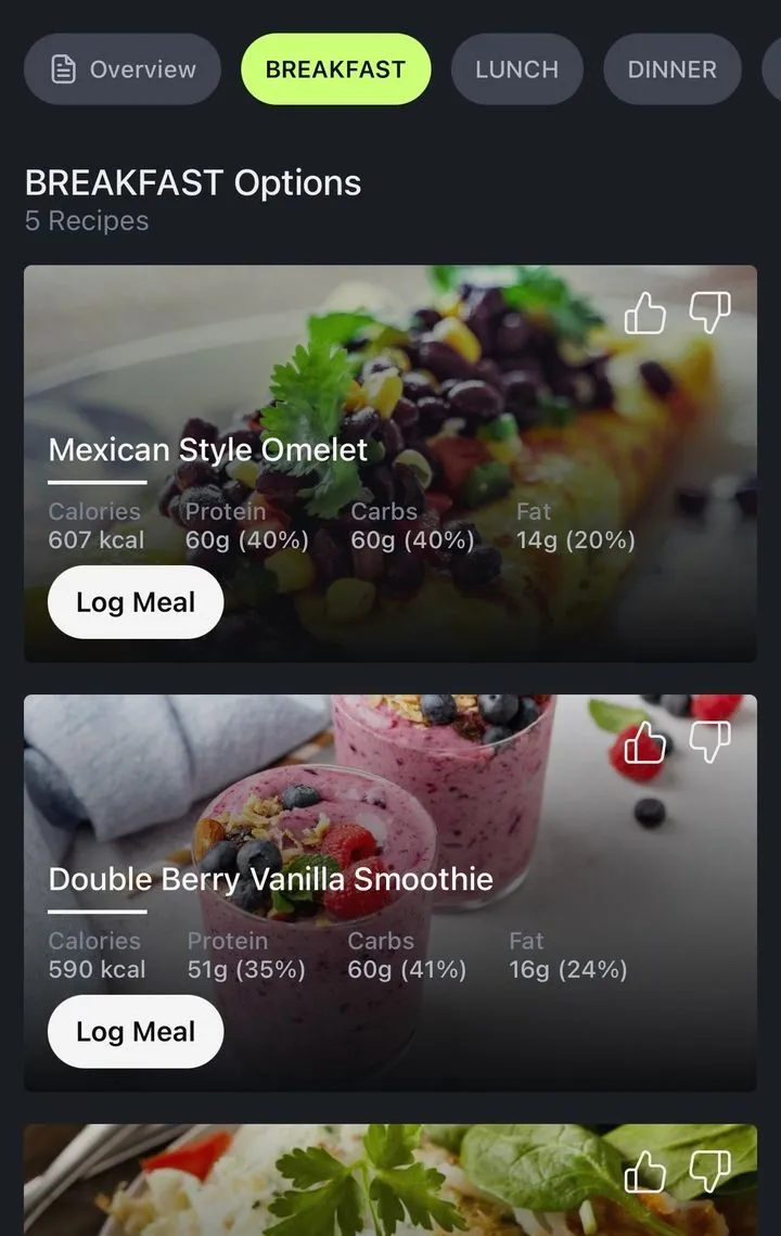The meal plan in the Avida app, with recipes and their calories and macros