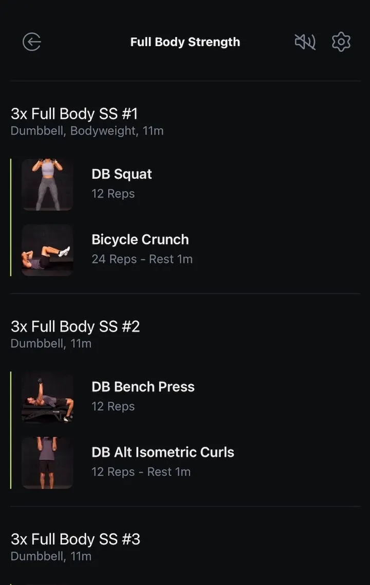 The workout screen in the Avida app, with each exercise, its reps and rest